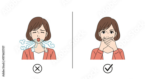 Educational illustration shows the incorrect way to cough into the air versus the correct way of covering the mouth with an elbow.