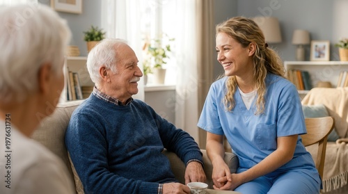 A home health caregiver offers compassionate support, companionship, and nursing assistance to a senior patient in an in-home setting.