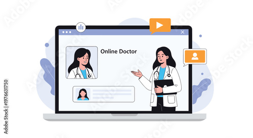 Online doctor service displayed on a laptop screen shows a female physician providing a remote medical consultation to a patient.