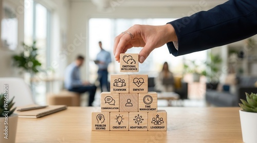 Boosting leadership capabilities through soft skills training, featuring wooden blocks with icons for teamwork, communication, empathy, and emotional intelligence at work.