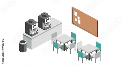 Coffee shop interior with tables, chairs, coffee machines, and a bulletin board.