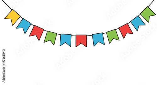 Colorful pennant banner hanging against a white background, festive decoration.