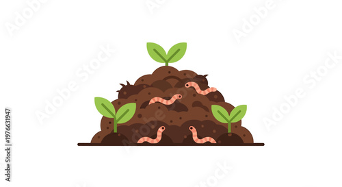 Compost pile with worms and sprouts, illustrating natural decomposition and growth.