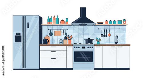 Modern kitchen interior is equipped with a large stainless steel refrigerator a sleek oven and organized cooking utensils on a tiled wall.