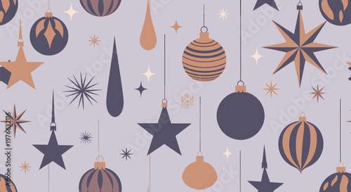 Seamless holiday pattern features various hanging Christmas ornaments and stars in a sophisticated palette of purple and golden tones.