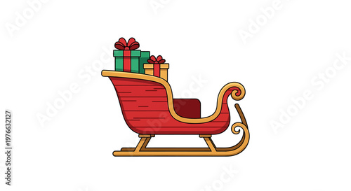Festive Christmas sleigh filled with wrapped presents ready for delivery on white background.