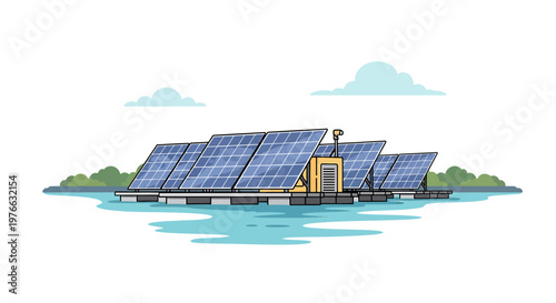 Floating solar panel array generating clean energy on the water surface.