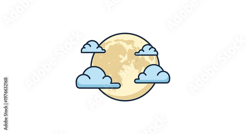 Full moon surrounded by fluffy clouds in a clear night sky illustration.