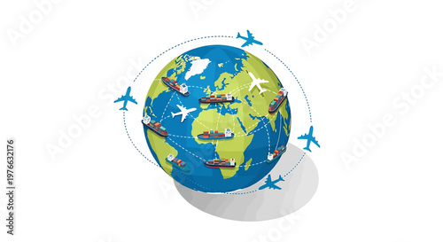 Global travel concept with airplanes circling the Earth, representing international flights and tourism.