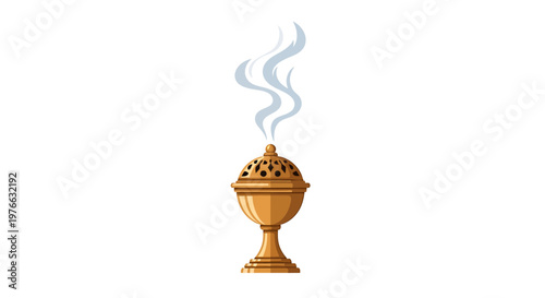 Golden incense burner with smoke rising against a white background, isolated.