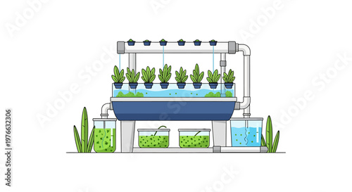 Hydroponic system illustration showcasing sustainable agriculture and plant growth.