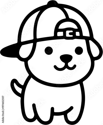 Cute Cartoon Puppy Wearing Baseball Cap Line Art Vector