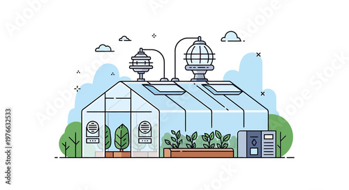 Modern greenhouse with advanced technology for sustainable agriculture and plant cultivation.