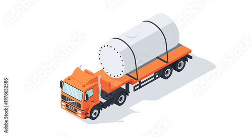 Orange truck transporting a large cylindrical container on a flatbed trailer.