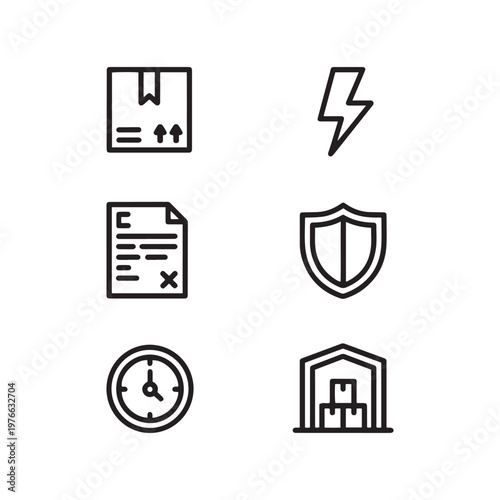 Logistics and shipping line icons set, 6 delivery service vector elements. Warehouse storage and package tracking symbols, industrial supply chain icons