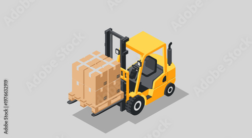 Yellow forklift transporting wooden boxes in a warehouse environment, industrial logistics.
