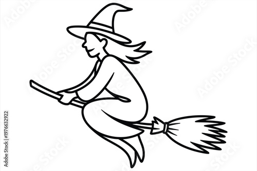Black and white line of a witch flying on a broomstick