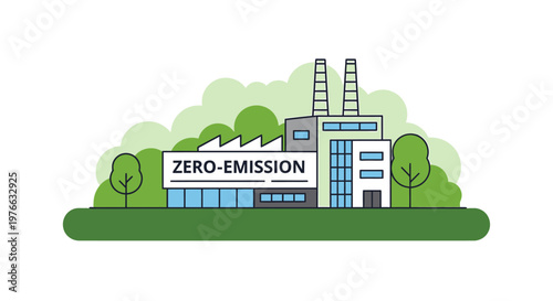 Zero-emission factory building with green environment and sustainable energy.