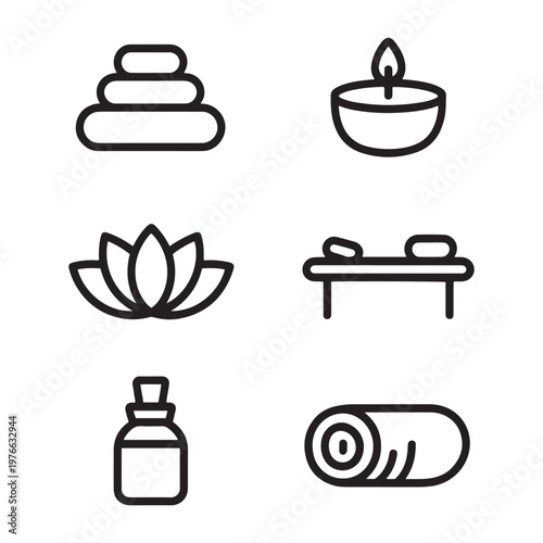 Minimalist spa line icons set, zen wellness and massage therapy symbols, 6 black outline vector elements for beauty salon and relaxation branding
