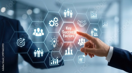 Optimizing for competitive advantage, a professional touches a digital screen displaying Key Success Factors within a strategic business framework.