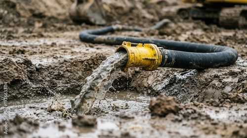 Scene depicting waste extraction and septic system maintenance, showing sewage being pumped from a septic tank with a hose and vacuum pump.