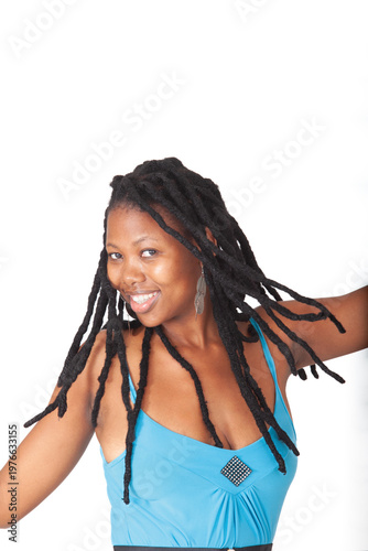 Close-up Portrait of African American Woman with Thick Dreadlocks for Haircare Solutions