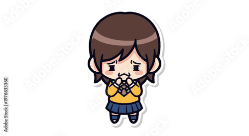 Cute cartoon girl feeling anxious and worried about something.