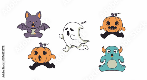 Cute Cartoon Halloween Characters Smiling and Ready for Fun.