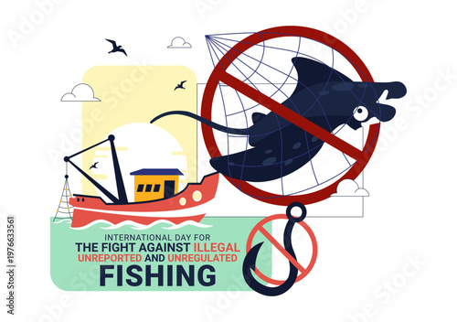 International Day For The Fight Against Illegal, Unreported, and Unregulated Fishing Illustration with Anti Fishing Ban Symbol Marine Protection
