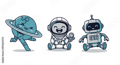 Cute Cartoon Planet, Astronaut, and Robot Characters on White Background.