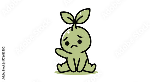 Cute Cartoon Plant Creature with Sad Expression and Outstretched Hand.