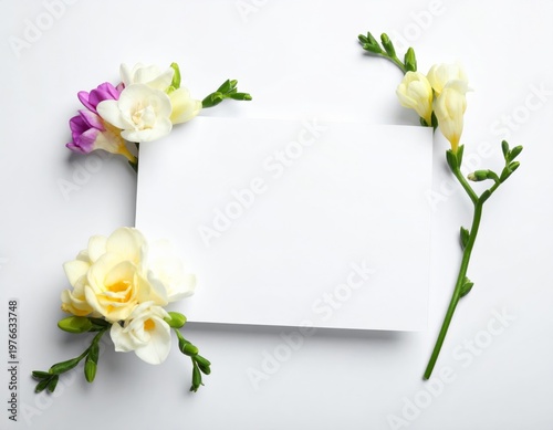 A beautiful spring bouquet of white and yellow tulips with a blank floral gift card creates a romantic nature blossom arrangement for a wedding, Easter, or Valentine greeting isolated on green
