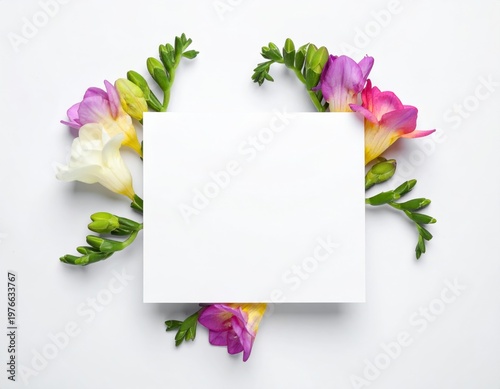 A beautiful spring bouquet of white and yellow tulips with a blank floral gift card creates a romantic nature blossom arrangement for a wedding, Easter, or Valentine greeting isolated on green