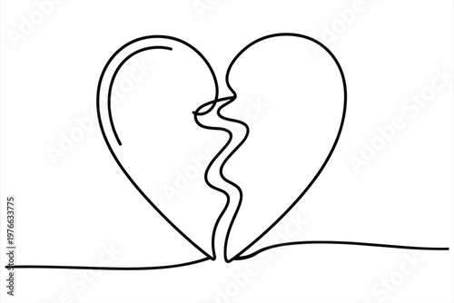 Continuous line of a broken heart symbol in black on white