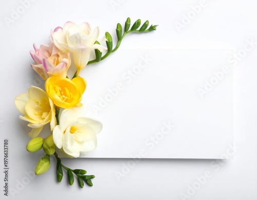 A beautiful spring bouquet of white and yellow tulips with a blank floral gift card creates a romantic nature blossom arrangement for a wedding, Easter, or Valentine greeting isolated on green