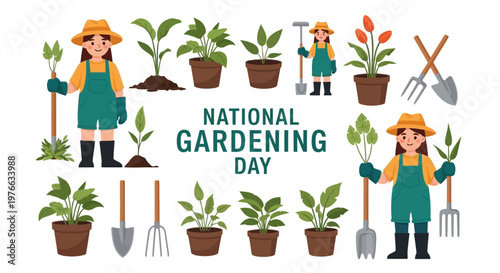 A colorful vector illustration celebrates National Gardening Day, showcasing a diverse collection of potted plants, gardening tools, and cheerful cartoon gardeners against a clean