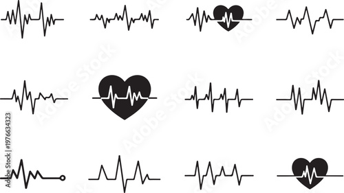heartbeat pulse waveform heart symbol ecg line icon collection
