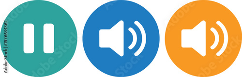 media player icon set play pause volume flat circle glyphs