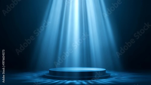 Minimalist blue pedestal stage illuminated by ethereal volumetric light rays falling from above creating dramatic studio atmosphere for product presentation in cinematic high quality footage.