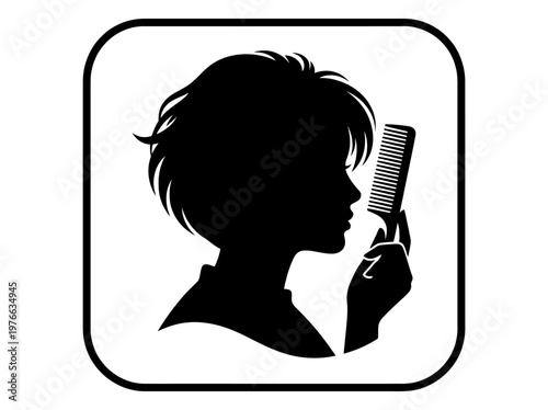Silhouette of a person holding a comb, icon representing hair care and styling services