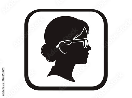 Silhouette of a woman wearing glasses, profile view, simple black and white icon for user identification or representation