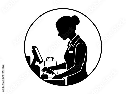 Illustration of a retail worker behind a counter, scanning items at a point of sale terminal with a barcode scanner