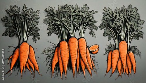 Three Bunches of Freshly Harvested Carrots with Green Tops.