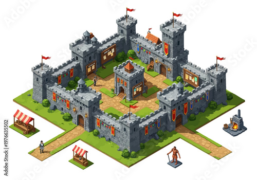 Medieval Castle Layout A Detailed Isometric View of Fortress Architecture and Village Market Scenes