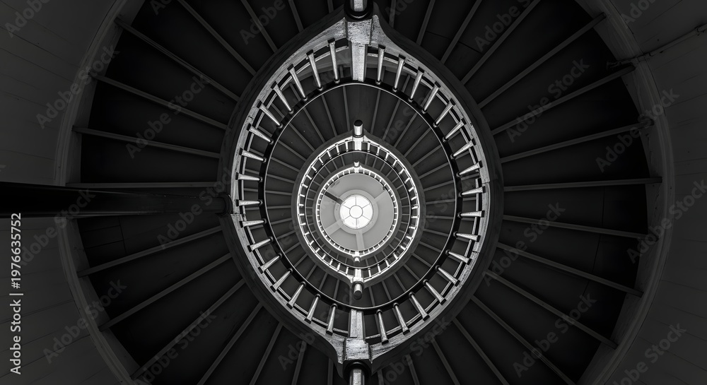 Fototapeta premium Looking directly up a dizzying spiral staircase inside a lighthouse ending in a bright circular light at the top