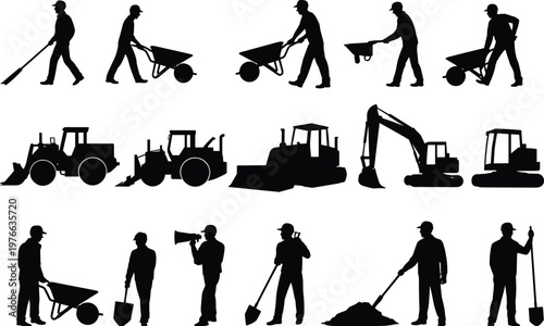 Construction worker silhouettes set with wheelbarrow shovel bulldozer excavator labor tools equipment industrial people black shadow vector illustration collection