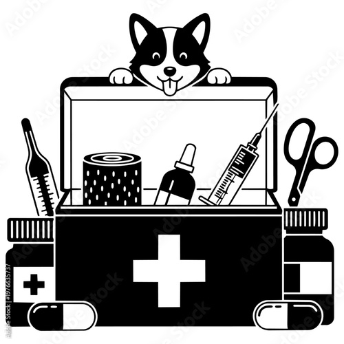 A dog peers out of a first aid kit isolated on transparent background, Vector