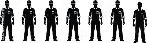 Construction worker silhouettes uniform standing safety helmet labor industrial people black shadow vector illustration collection workforce design set