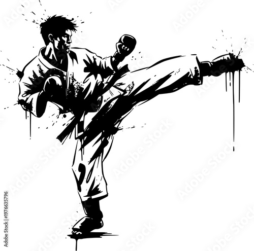 Martial Arts High Kick Fighter Illustration in Black and White Ink Splash Style, Dynamic Combat Action for Sports Design, Fitness Branding, Poster, T-Shirt and Graphic Elements