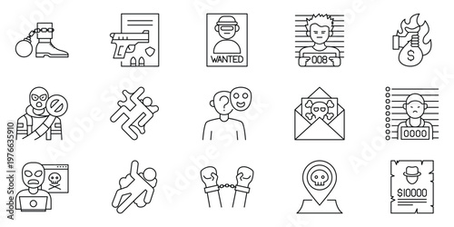 Comprehensive Outline Icons Set for Criminal Justice and Law Enforcement Investigating Crime, Legal System, and Security Concepts